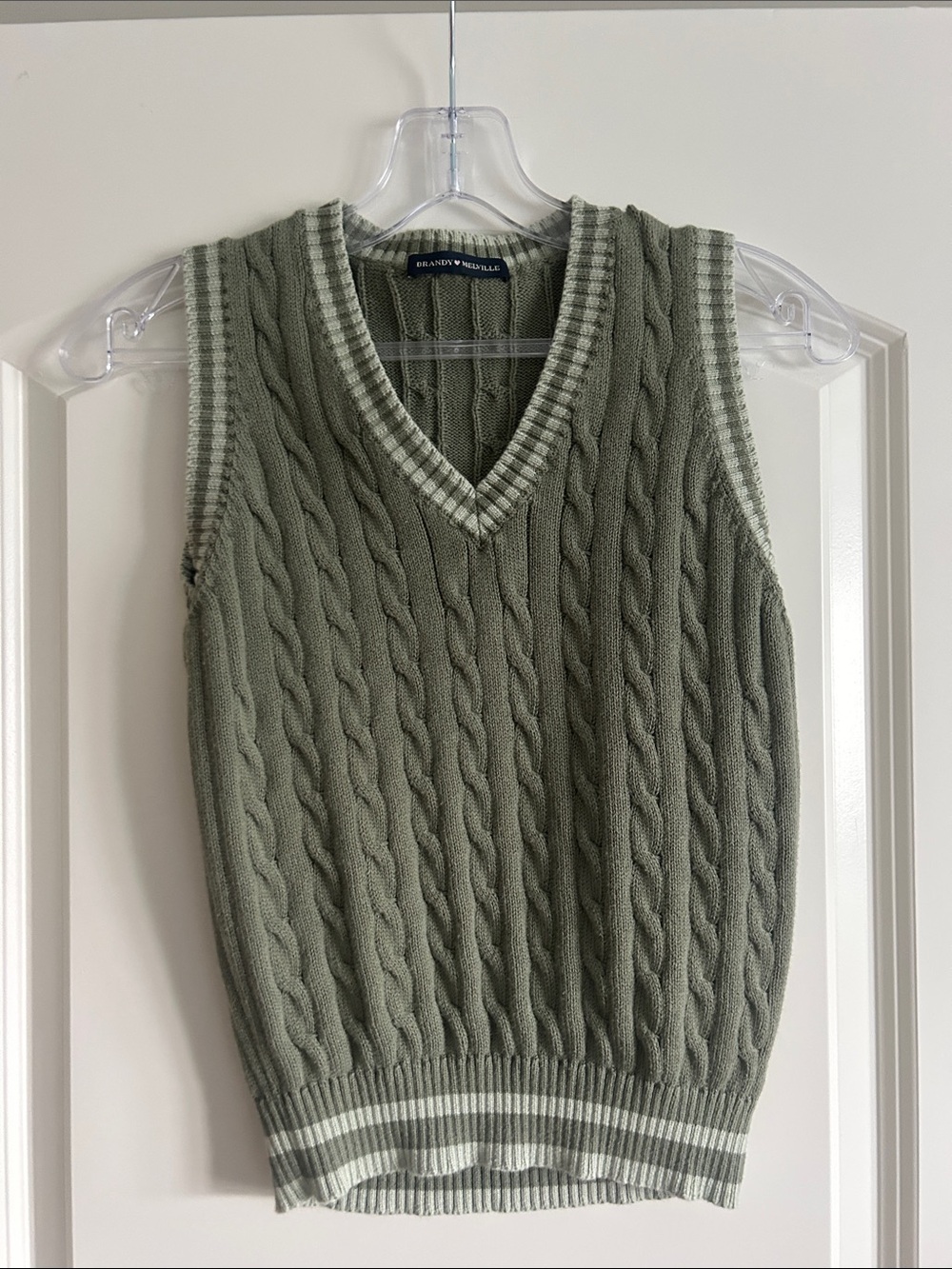 Brandy Melville Olive Green Cable-Knit V-Neck Sweater Vest with Cream Trim